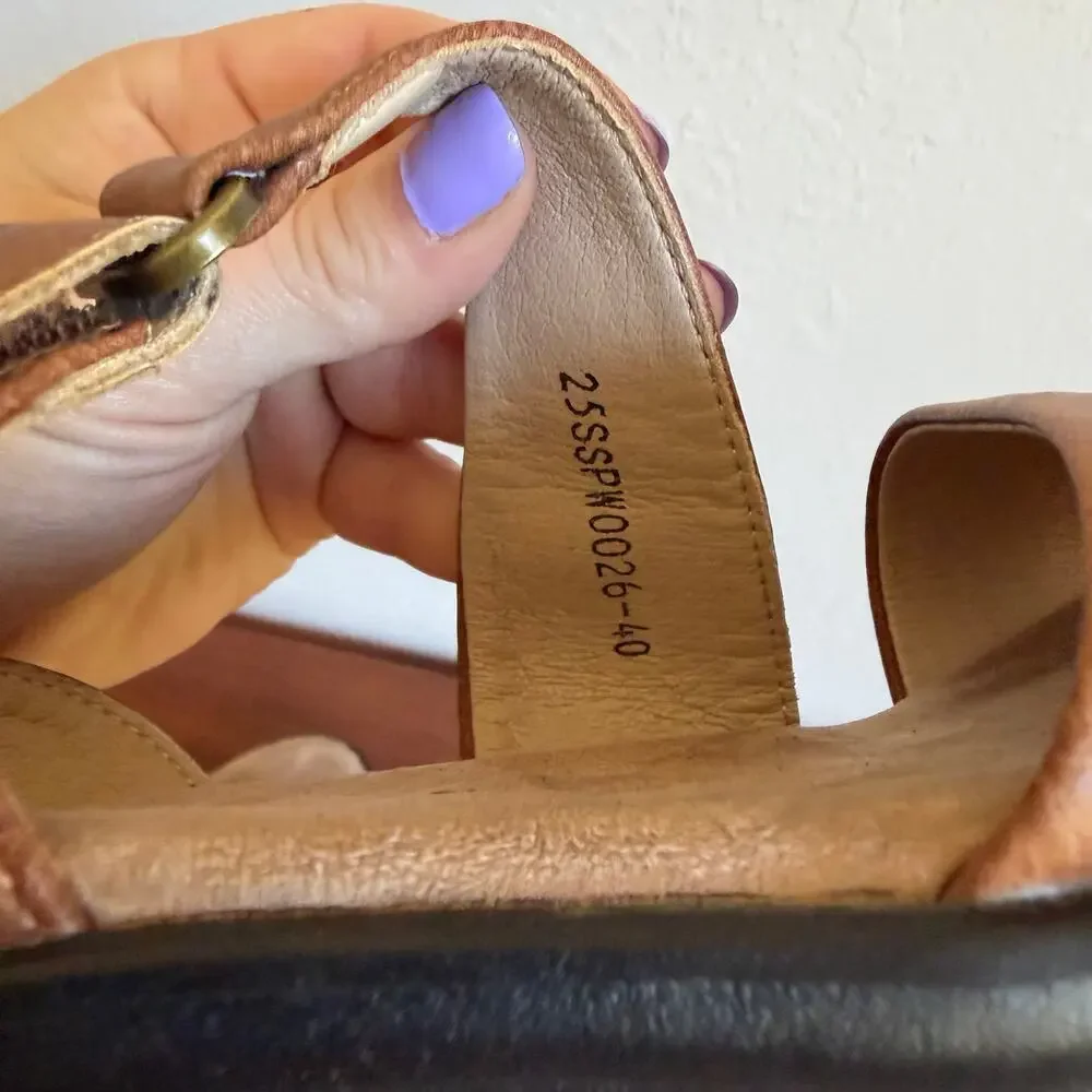 Shibever Brown Leather Low Wedge Heel Strappy Sandal Women 40 Comfortable Dressy